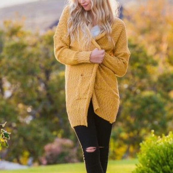 New Mustard Yellow Button Down Fuzzy Cardigan - Picture 2 of 5